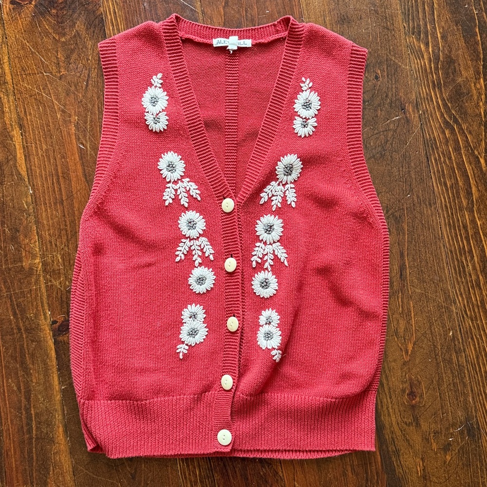 Alex Mill Red Sweater Vest with White Floral Embroidery